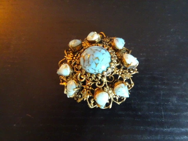 Broche Barrette Ancienne - Pierre Bleue (aigue-marine ?) Et Perles - Plaqué Or - Vintage
