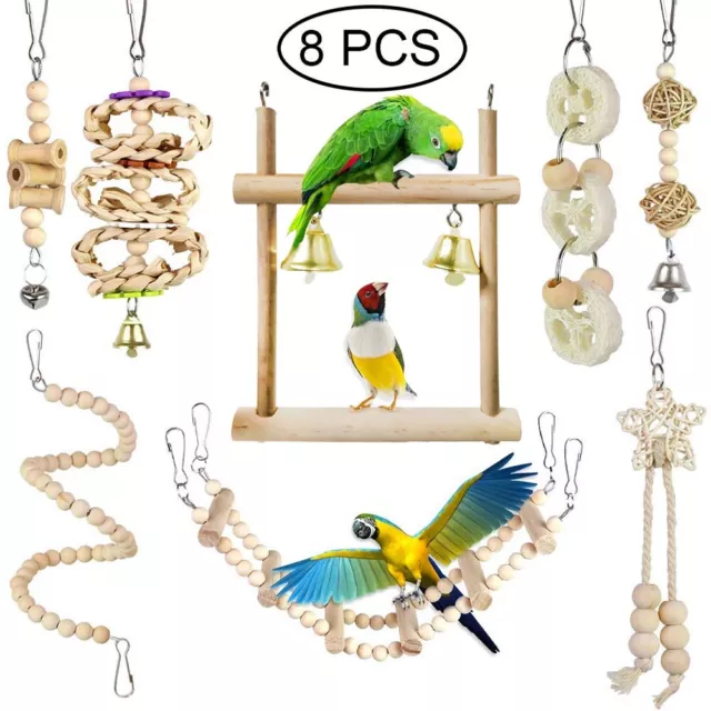 8Pack  Bird Wooden Swing Bell Cage Chew Toys Parrots Cockatiels Finches Budgie