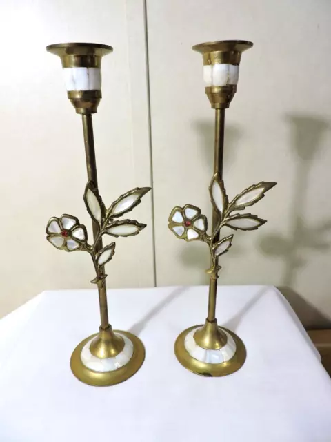 Vintage Brass Candlesticks Holders with Flowers Set of 2 Made in India 11" tall