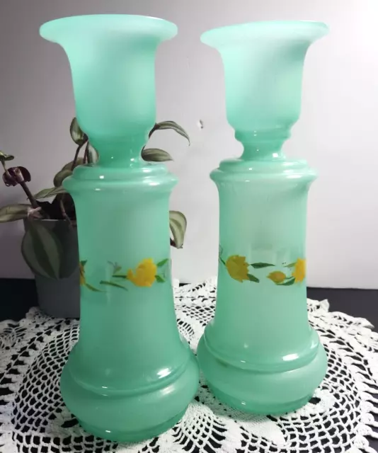 Victorian Bristol Glass Hand Painted Set of 2 Green Bud Vases 9 inches High