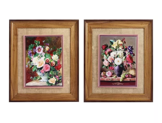 Set of 2 - Floral Painting Wall Framed Art Surface Ceramic Fired Flower Prints