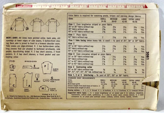 1957 Simplicity Sewing Pattern 2081 Mens Shirt 3 Styles Sz 14-14.5 Neck 13754 2