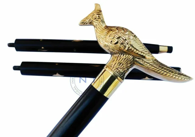Victorian Brass Peacock Head Handle Vintage Cane Walking Wooden Stick Style Gift