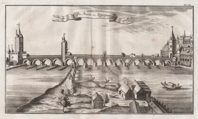 Regensburg Donau Steinerne Brücke Oberpfalz Bayern Kupferstich 1735