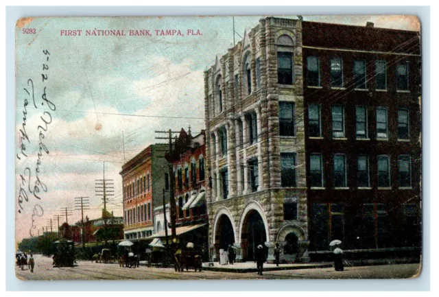 c1910's First National Bank Building Trolley Cars Street View Tampa FL Postcard