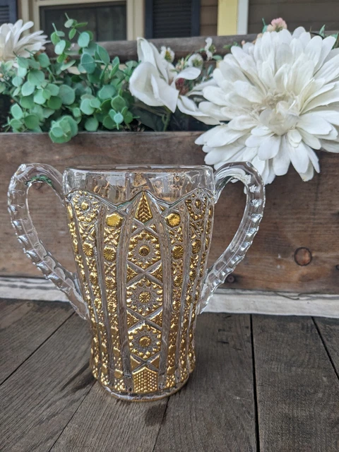 Vintage Imperial Glass Octagon Pattern Two Handled Gold Gilded Vase