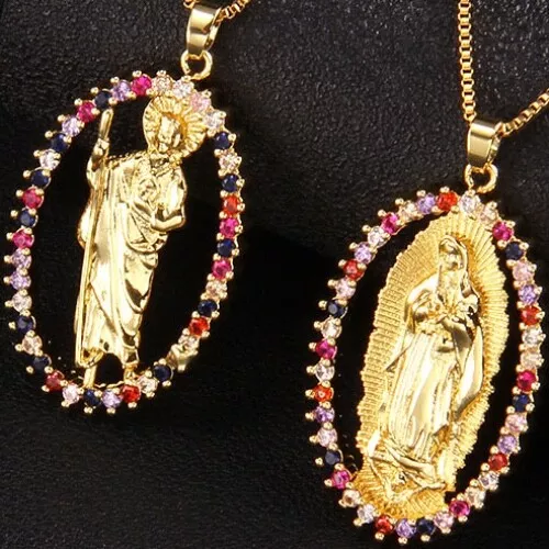 Collar Colgante Ovalado St Jude Virgin Mary Oro 18K Circonio Circonio San Judas Virgen Guadalupe 2