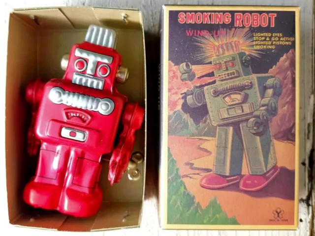 Tin Toy Smoking Robot Wind-Up Spring Action vintage Rare Rouge NOUVEAU...