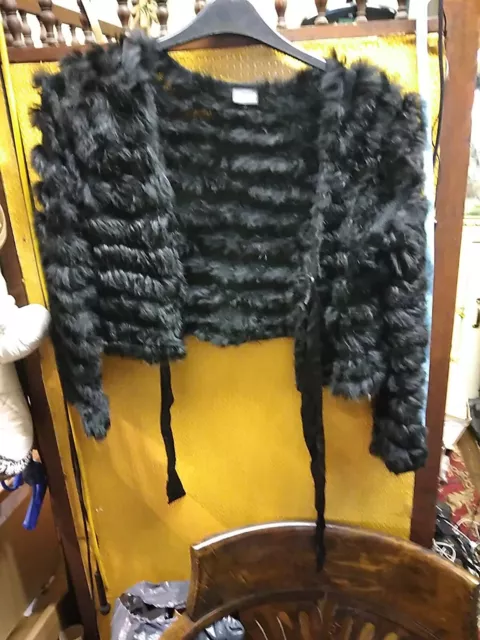 Cejon size 14 Black faux fur knitted cropped waistcoat bolero shrug jacket