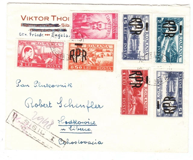 Rumänien Sibiu EINGETRAGENE COVER-ÜBERDRUCKE RPR NACH Tschechoslowakei 1948