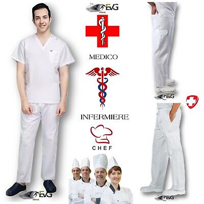Pantalone Bianco Lavoro Sanitario Cuoco Chef Medico Infermiere 100%Cotone Fresco