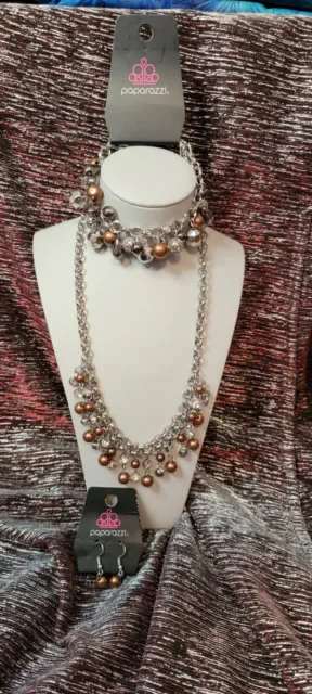 Paparazzi Silver, Chocolate, Beaded necklace earring set & bracelet.