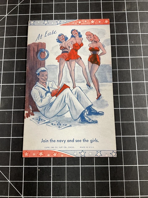 Vintage Postcard  Us Navy Cartoon At Ease Join The Navy See The Girls Wwii 1941
