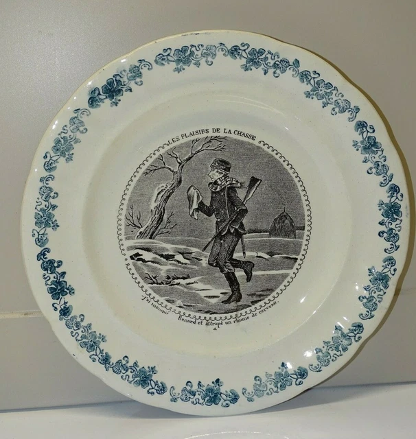 *Ancienne Assiette A Dessert Ceramique Longwy Les Plaisirs De La Chasse Vitrine