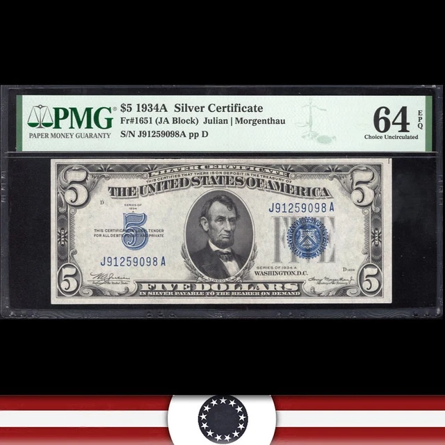 1934-A $5 SILVER CERTIFICATE *J-A Block* PMG 64 EPQ Fr 1651 59098