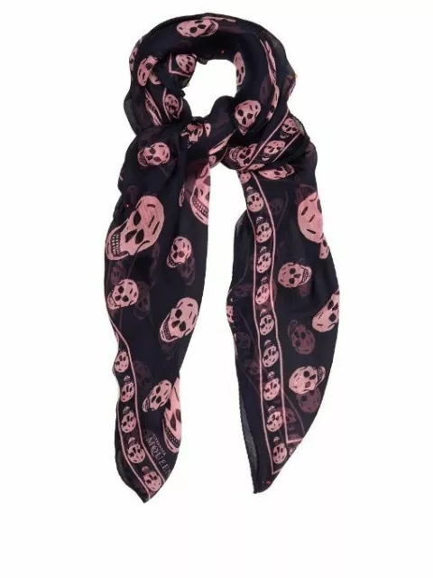 Alexander McQueen Navy and Pink Silk Chiffon Skull Scarf