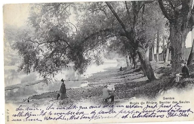 CPA carte postale ancienne Genève les bords du Rhône peintre et son modèle