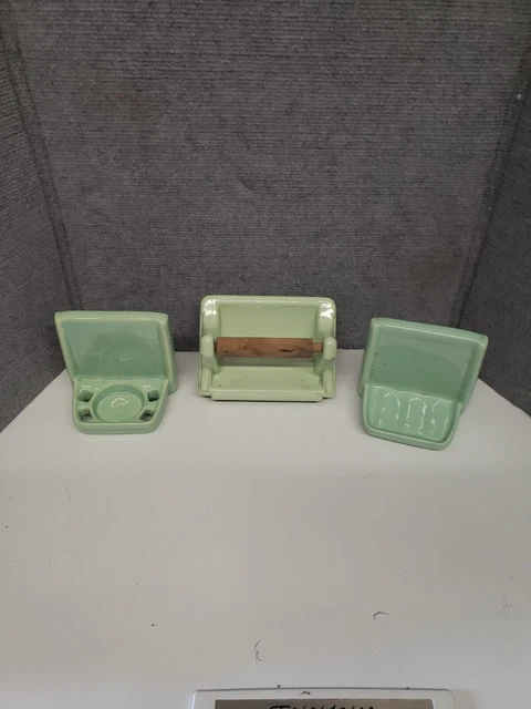 Antique VTG Green Bathroom Tile In Mount Toilet Paper Holder , soap &toothbrush