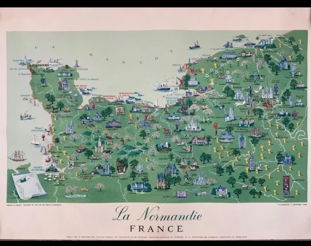 1955 Vintage Travel Poster For La Normandie France Normandy Illustrated Map Nice