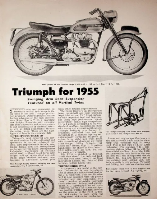 1955 Triumph Tiger Trophy Thunderbird & More - 3-Page Vintage Motorcycle Article