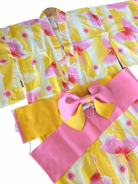 Japanese Womens Traditional YUKATA KIMONO Obi Belt Bow Set JAPAN Pink Butterfly 