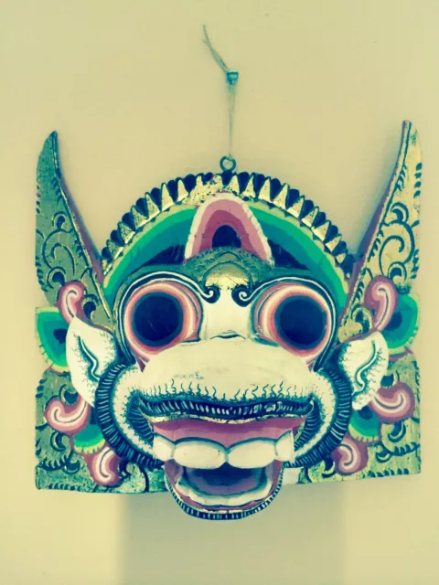 White and Green Hanuman Monkey Balinese Folk Art Hand Carved Wood Wall Decor