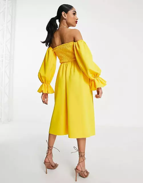 NWT ASOS DESIGN Petite shirred bardot blouson prom midi dress in lemon Size 4/6P 2