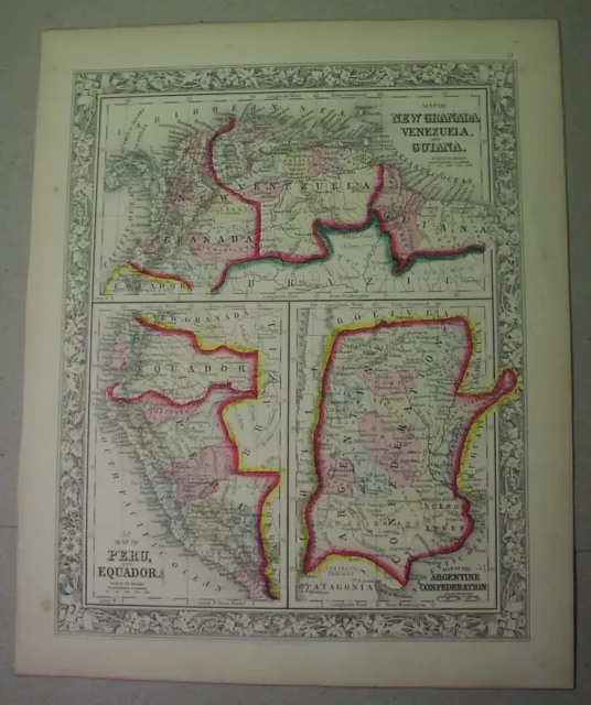 SOUTH AMERICA in 1862; 3 maps, 1 page; Ecuador, Peru, Guiana; Venezuela