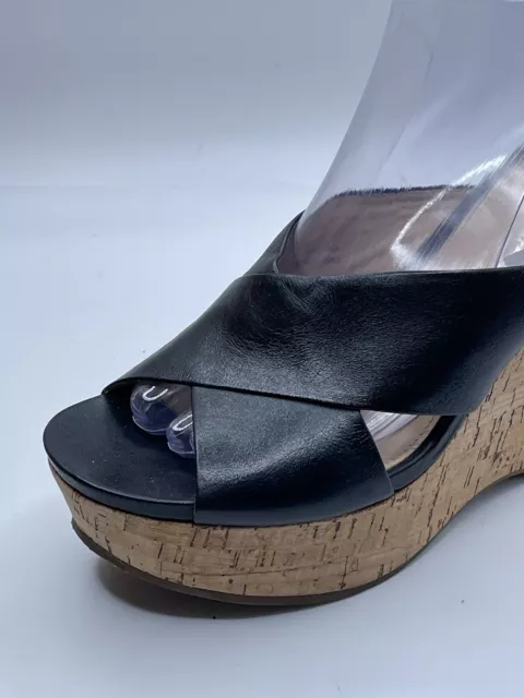 Via Spiga Black Upper Leather Slip-On Cork Platform Wedge Shoes Sandal Size 6.5