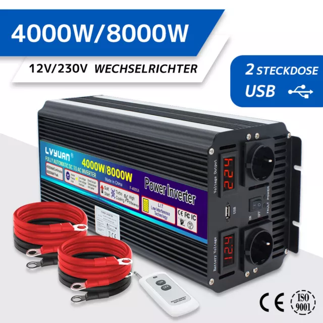 Wechselrichter 12V 230V 4000W /8000W Spannungswandler mit drahtloser  Fernbedienung, 2 Steckdose 1 USB und LED-Display: : Elektronik &  Foto