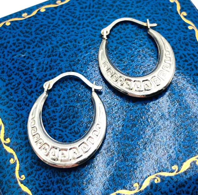 Estate 14K White Gold 3/4 inch Greek Key Design Hoop Pierced Earrings