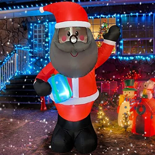 BLOWOUT FUN 5.3ft Inflatable Christmas Black Santa Holding Gift Box LED Blow