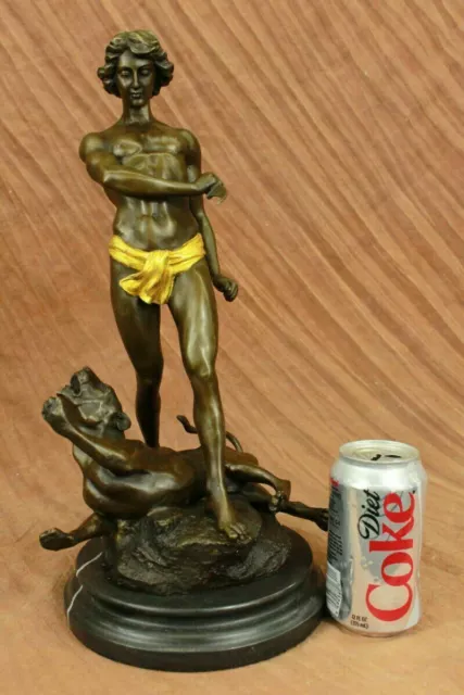 Art Deco/Nouveau Nude Male Warrior With Lion Bronze Sculpture Figurine Decor NR