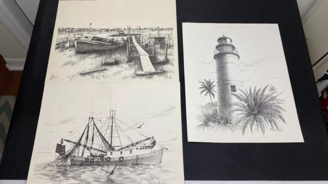 Peter Bugda Pen & Ink Artist Lighthouse Shrimpboat Dock Lot of 3 Signed Numbered