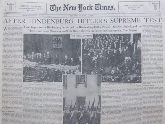 August 5, 1934 HINDENBURG HITLER CHANCELLOR REICH DR HURST STERILE FDR NY Times