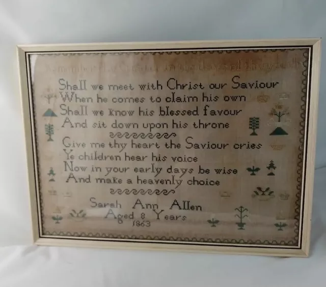 Antique Sampler 1863 Needlework Sarah Ann Allen Aged 8 Religious Verse 2