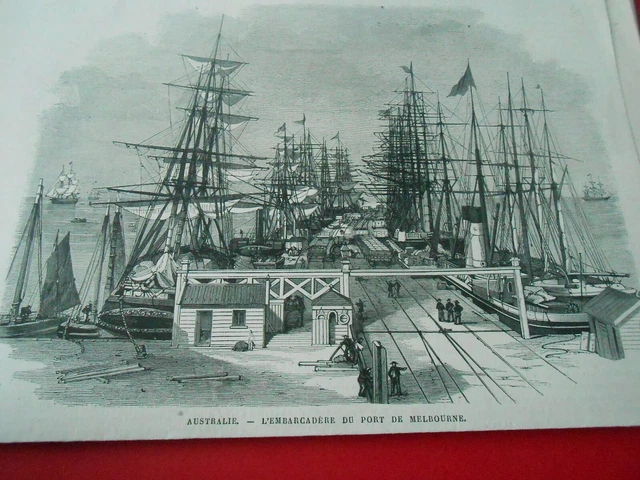 Gravure 1871 - Australie l'embarcadère du port de Melbourne