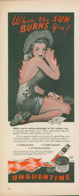 1944 Unguentine Burn Remedy Woman Flames Sunburn Pin Up Vintage Print Ad L19