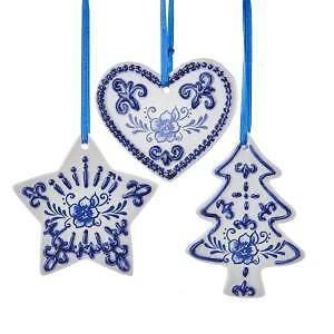 Set of 3 Delft Blue Heart/Christmas Tree/Star Ornaments w
