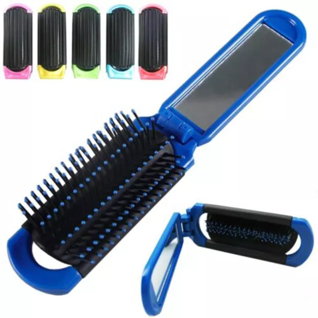 Portable Folding Hair Brush With Mirror Compact Folding Pocket Purse Travel Comb