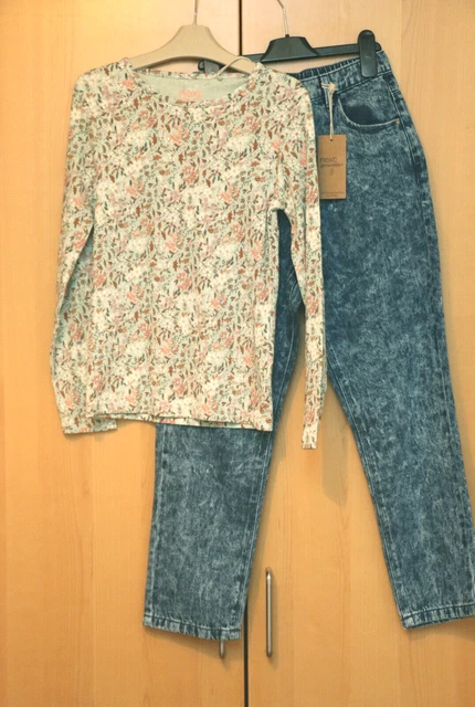 Next Girls Blue High Waisted Jeans & Green Floral Rib Top  Age 11 Years BNWT