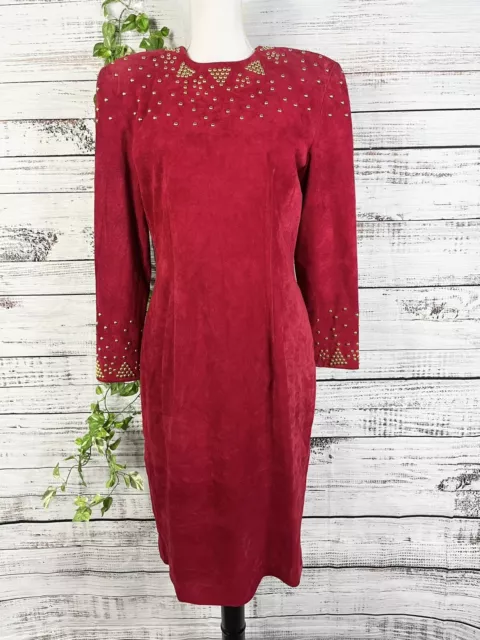 Pia Rucci Vintage Red Leather Suede Dress size 12 Gold Studs 80's Dynasty Dallas