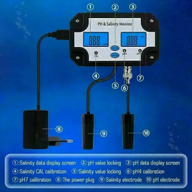 PH Salinity Monitor LCD Water Quality Tester Meter For Swimming Pool Aquarium 3