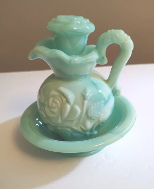 Vintage Avon Victorian Style Pitcher and Bowl Blue Green Milk Glass Perfume