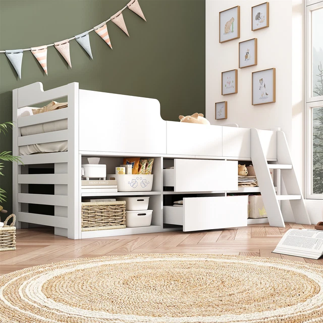 MID SLEEPER KIDS Bed Cabin Bed with Drawers and Shelves Storage Bed ...