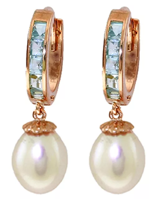14K. SOLID GOLD HOOP EARRING WITH AQUAMARINES & PEARLS (Rose Gold)