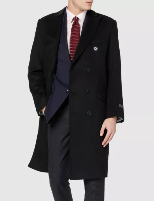 Mens Black Double Breasted Cashmere Wool Long Overcoat Velvet Collar Warm WInter