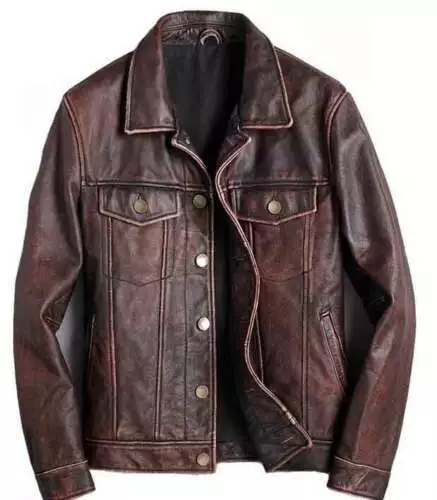 Giacca da uomo moto biker vintage Cafe Racer marrone effetto invecchiato vera pelle