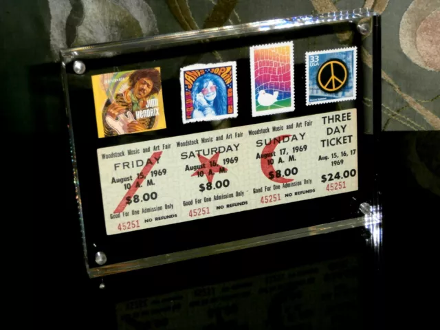 WOODSTOCK 3 DAY UNUSED TICKET with COA Framed with 4 Commemorative Stamps