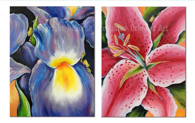 DEBORAH BROUGHTON ART Original 2 panel (Ditptych) Painting: Frogs Iris and Lily